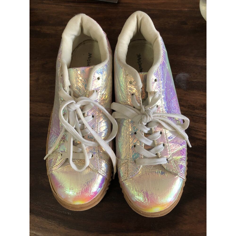 Misbehave Womens Chunky Platform Shoes Sz 7.5 White Iridescent Lace Up